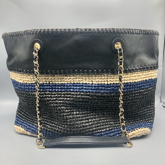 Tory Burch Marion Raffia Straw Tote Blue Black Stripes Leather Trimmed + Wallet - Picture 3 of 16
